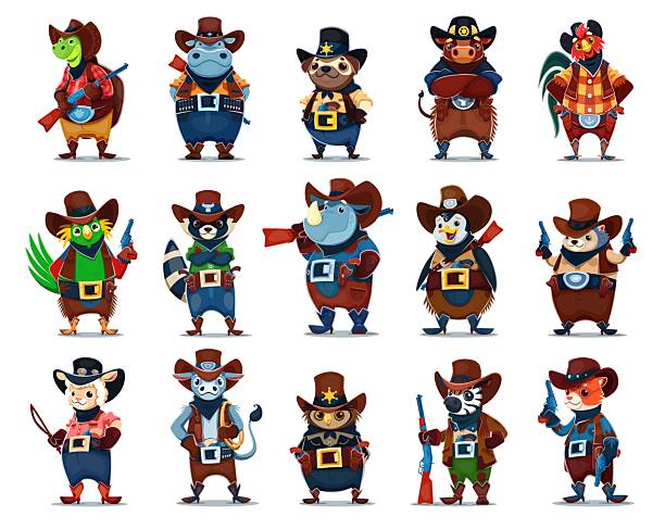 Cartoon animal cowboy, sheriff, bandit and robber characters. Vector turtle, hippopotamus, pug dog and bull, rooster, parrot and raccoon. Rhinoceros, penguin or hedgehog, sheep, owl, zebra or cat