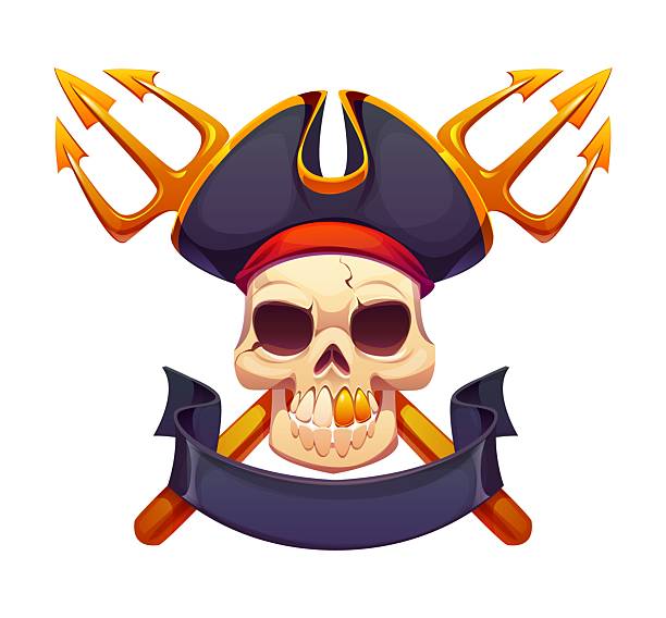 istock Cartoon pirate skull with a gold toothed grin, hat 2231832152