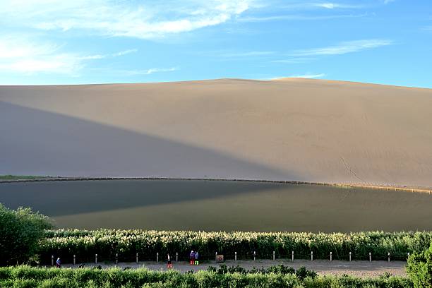 Dunhuang City, Gansu Province, and the Mingsha Mountain Crescent Spring Scenic Area in Jiuquan City.\nThe area of the scenic spot is 76.82 square kilometers, and the core scenic area is defined as 12.79 square kilometers. This place is renowned worldwide for its unique desert spectacle where springs and water from the sand coexist. It is hailed as \