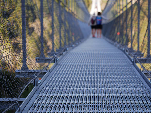 vertigo feeling on a high pedestrian hanging bridge with two people walking slowly on metallic ground