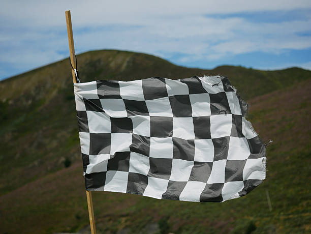 A checkered flag being waved at the finish line. Image is photographed from a low camera angle.  A large area of negative space created by blue sky exists on the right side of image. The hand of person holding flag can be seen at bottom of image..