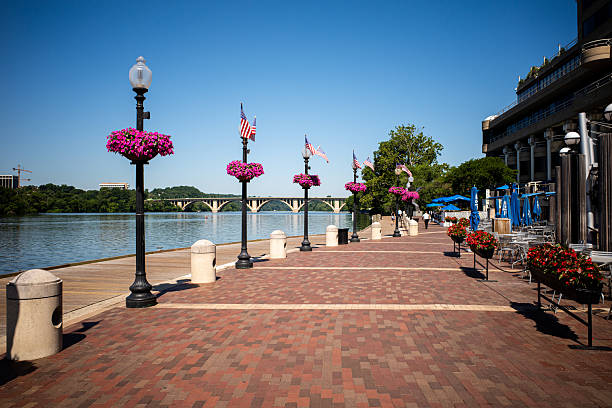 Walkway Along Potomac River in Georgetown, Washington DC stock photo