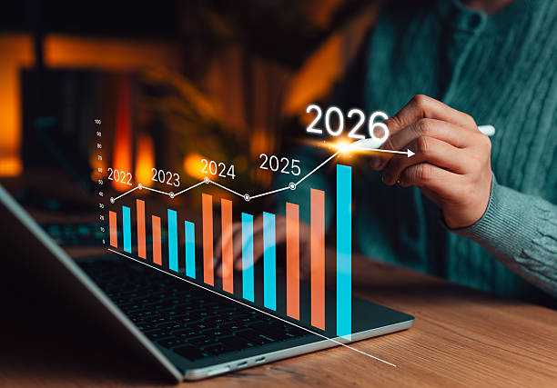istock Business growth analysis concept. Person interacting with bar graph forecasting data trends from 2022 to 2026, representing financial planning and market strategy, profit increases, investments, 2231887087