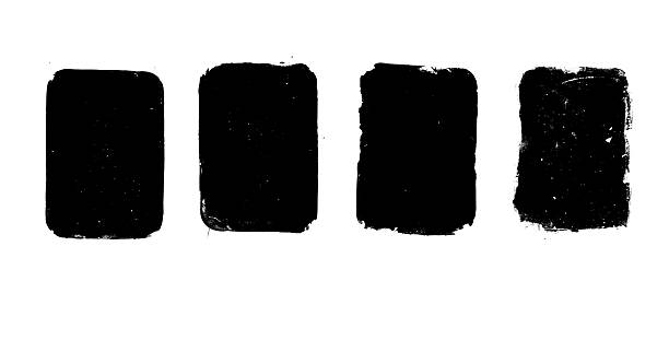 Rectangles callouts frames. Ink grunge text boxes set. Linocut rolled paint black tag. Vector handmade brayer stamp smudged texture. Rough paint decorative irregular border.