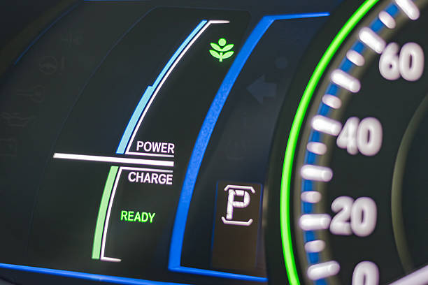 Hybrid car dashboard of dual power mode vehicle driving system, eco EV electrical charging battery and fuel engine of innovative automobile technology in transportation industry