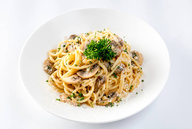 istock Spaghetti with Mushroom Cream Sauce in White Ceramic Plate 2231908824