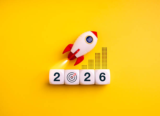 istock Rocket launching above 2026 cubes with target icon and growth graph on yellow background, symbolizing business startup, creative market, innovation strategy, new year goals, and future success. 2231909192