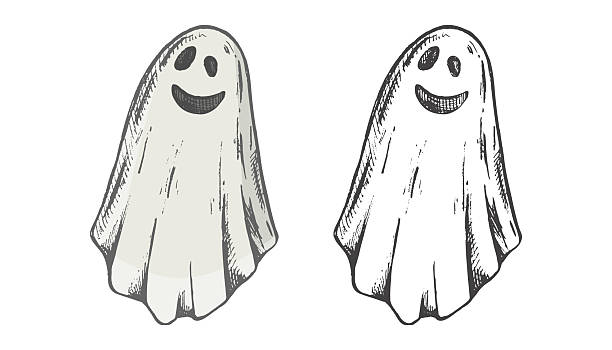 Hand drawn vintage sketch of halloween ghost character with smiling face. Set includes color and monochrome versions for spooky holiday design and decoration.