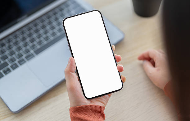 istock Human working on modern smartphone with blank white mobile screen for advertising, mockup, technology, advertising, search information, creative design, social media, online marketing, chat, phone 2231917994