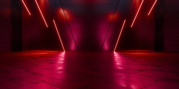 istock Cyberpunk Sci Fi Corridor With Futuristic Neon Laser Grid Over Concrete Interior Tunnel Space Glowing Harsh Industrial Lights Symmetrical Architecture 3D Rendering 2231918899