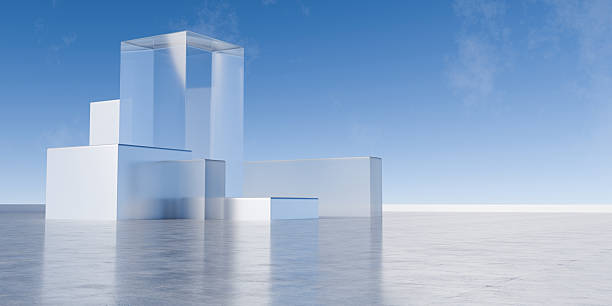 istock Minimal Abstract Architecture Scene With Glossy Reflective Concrete Floor And Translucent Glass Blocks Against Clear Sky Horizon Background  Futuristic Concept 3D Rendering 2231918926