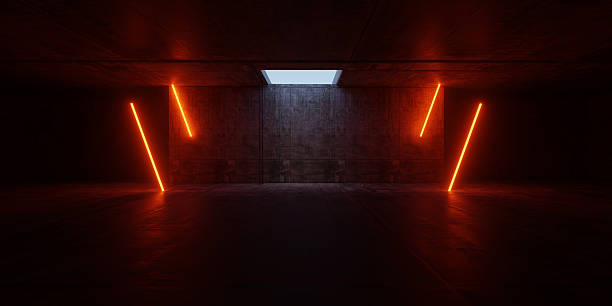 istock Sci Fi Industrial Garage Tunnel With Futuristic Structure Elements Glowing Neon Beams Reflected on Cement Concrete Surface Interior Perspective 3D Rendering 2231919020