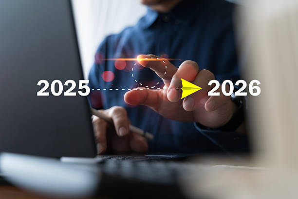 istock Business planning concept with transition from 2025 to 2026 showing future strategy and technology growth 2231920059