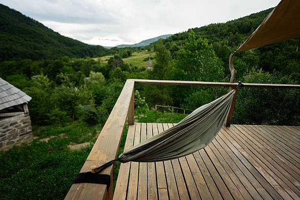 istock Wooden Deck with Hammock Overlooking Green Forest and Mountain Landscape 2231923308