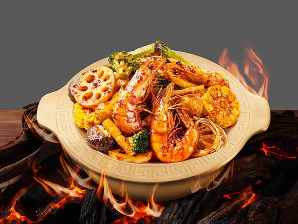 Spicy dry pot shrimp, lotus root and cauliflower, Chinese spicy food