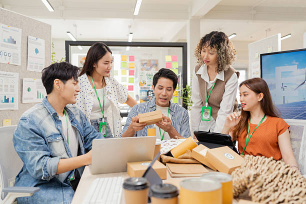 istock Creative ESG brainstorming session for earth friendly reuse recycle packaging campaign. Team develops viral environmental social impact strategy through sustainable innovation purpose driven marketing 2231926993