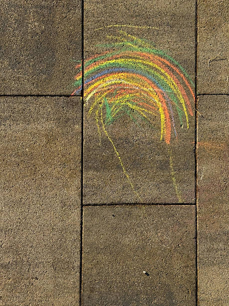 istock Sidewalk chalk drawing. A rainbow painted on the asphalt. Kids activities. Colored chalks background. Back to school playground copy space. 2231940822