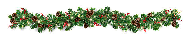 istock Horizontal Christmas garland with pine cones, fir branches, holly berries, glowing lights, and ribbons. Perfect for holiday banners, cards, and party posters. Transparent background in vector file. 2231944983