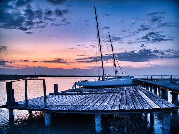 Pier on the lake Balaton at sunset. Siofok, Hungary