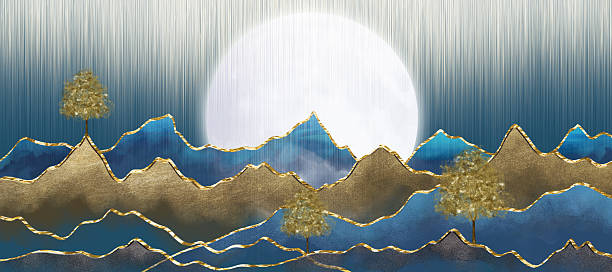 istock 3d modern canvas art mural wallpaper landscape sky, white moon, clouds black christmas trees, blue, golden silk mountains 2231946779