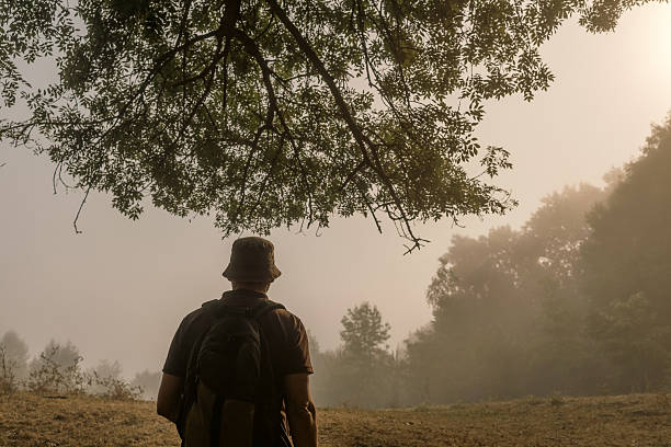 Alava province. Spanish basque country. A hiker with a backpack and bucket hat stands beneath a tree, gazing at a misty landscape during sunrise