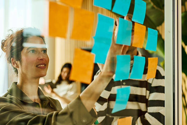 istock Young businesswomen planning new project using sticky notes on glass wall in office 2231952001