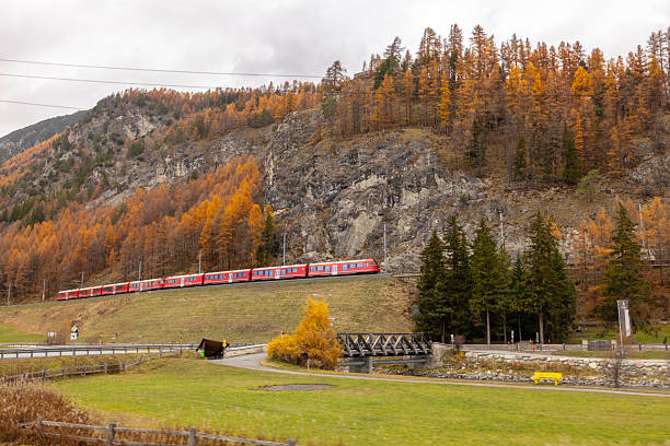 A red passenger train moves along tracks at the base of a rocky mountain covered with autumn-colored trees. Scenic fall landscape with vibrant foliage and rural railway travel.
