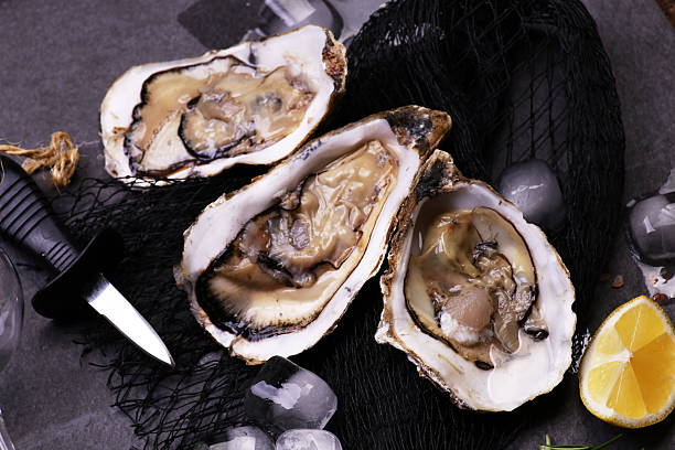 istock Fresh oysters  on a black stone background 2231963993