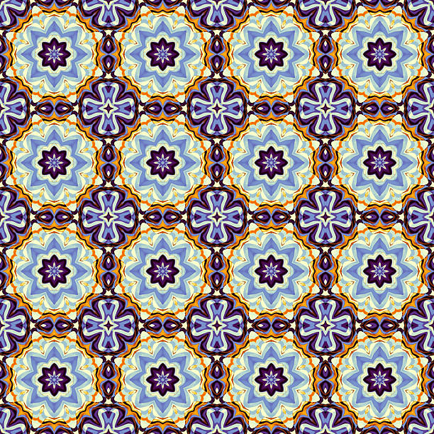 This vibrant and colorful geometric seamless Azulejo style tile pattern features an intricate floral design, making it ideal for use in textile projects, wallpaper creation