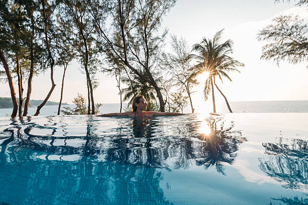 istock Woman Relaxing in Infinity Pool at Sunset 2231967888