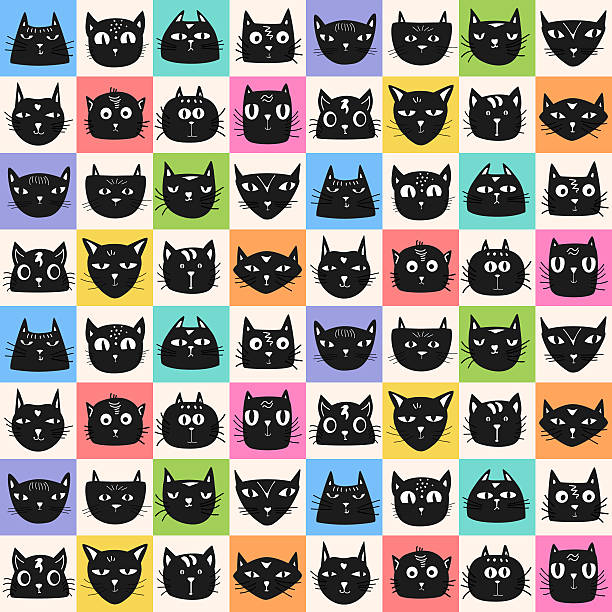 istock cute fun adorable black cats faces portraits in rainbow pastel colorful chekcers seamless pattern, vector illustration repeat design 2231968225