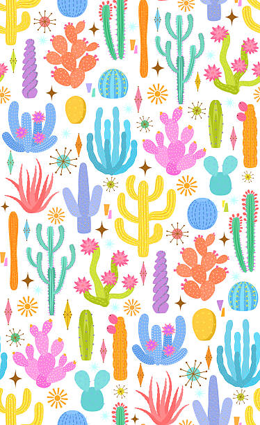 palm springs cacti desert  and atomic age retro mid century modern geometric shapes starburst diamonds stars seamless pattern, vector illustration repeat design print
