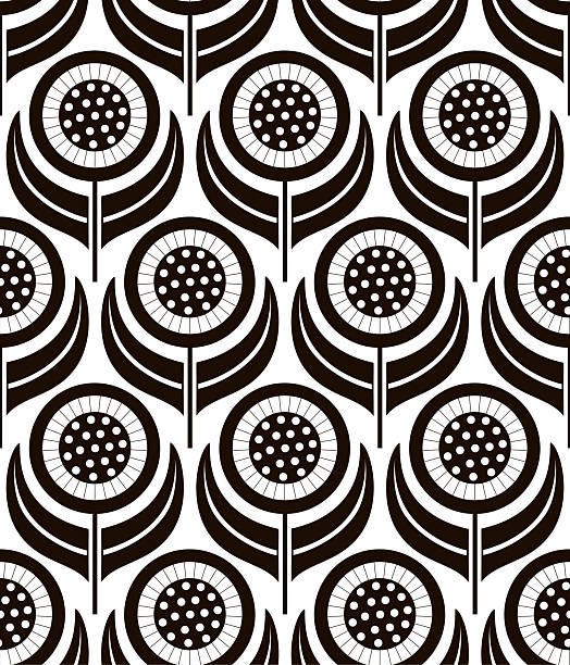 abstract sunflower blooms flowers in balck and white seamless pattern
