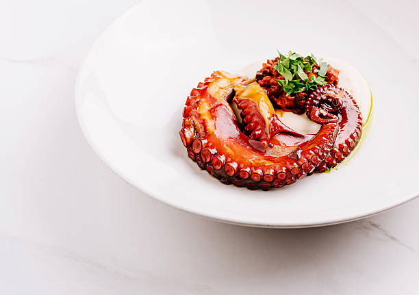 istock Grilled octopus served on a white plate with fresh herbs and sauce 2231975078