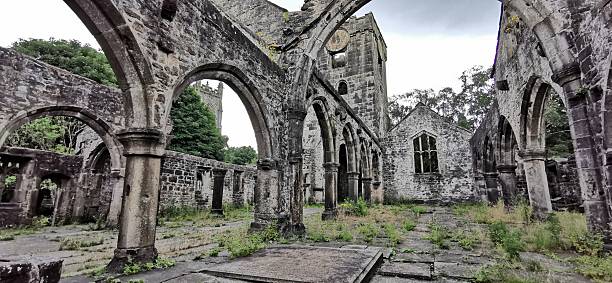 istock Abandoned abbey graveyard. Eerie derelict religious building arches. Deserted haunting gothic chapel architecture columns, missing roof to open sky. Disused Church of St Thomas a Becket Yorkshire ruins. 2231977053