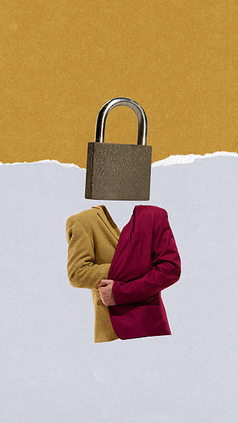 Bold collage of man in sweater with padlock head symbol secrecy