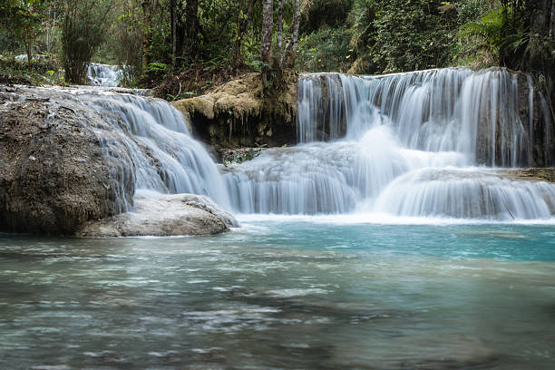 View onto the many pools, lagoons of the Kuang Si Falls, Waterfalls with its bright green water, Luang Prabang, Laos 2023