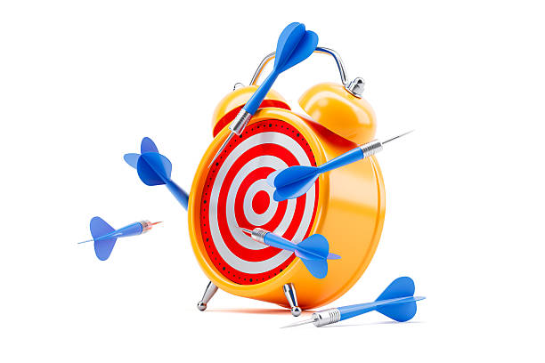 istock Yellow alarm clock with target face hit by multiple blue darts symbolizing urgency, goals, and time management concept on white background. 3D Rendering 2231983616