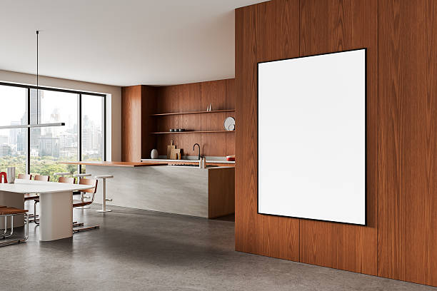 istock Modern kitchen interior with blank poster on wooden wall in bright open space for design mockup and template display in clean layout concept. 3D Rendering 2231984267