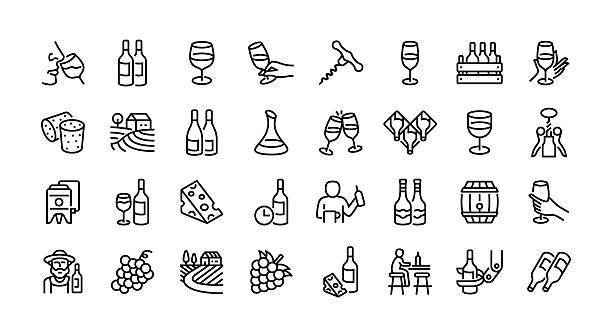 ilustraciones, imágenes clip art, dibujos animados e iconos de stock de conjunto de iconos de línea de vino. grupo de objetos. bodega, uva, cata de vinos, copa de vino, viñedo. - vino