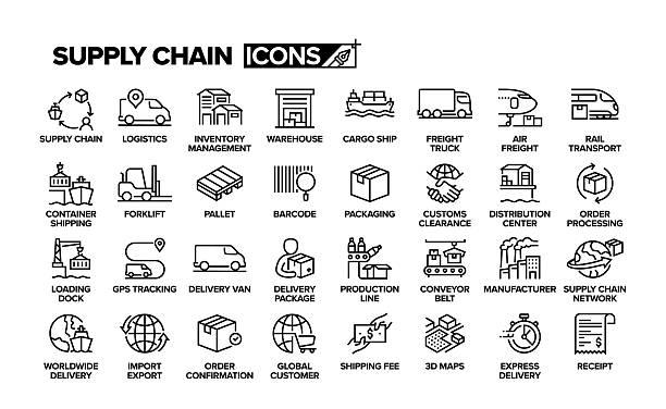 Supply Chain Line Icon Set. Group Of Object. Logistics, Delivery, Warehouse, Cargo Ship, Global, Industry, Retail, Merchandise. Supply Chain Line Icon Set. Group Of Object. Logistics, Delivery, Warehouse, Cargo Ship, Global, Industry, Retail, Merchandise. transportation stock illustrations