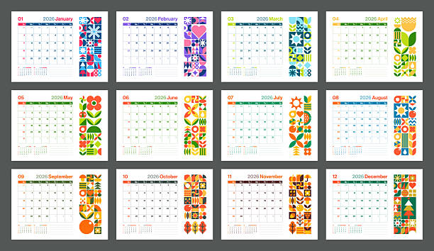 Planner Calendar 2026 - Abstract Geometric Bauhaus Shape Style Color Calendar for 2026 Year - American Grid - Week Starts on Sunday - Vector Color Art Design