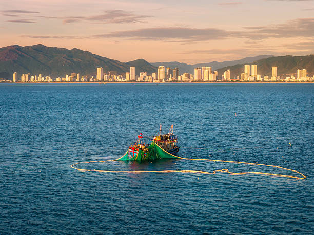 Drone view a fishing boat is netting fishes on  Nha Trang sea - Nha Trang city, Khanh Hoa province, central Vietnam