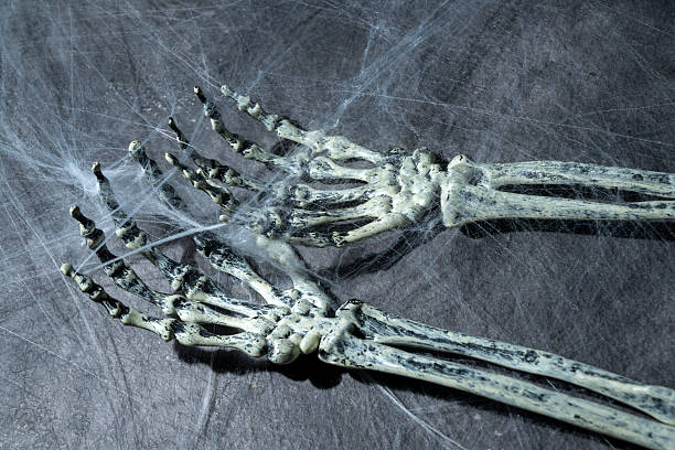 istock Human arm skeleton covered with spiderwebs. The human skull, devil, evil, or zombie skeleton. Scene of a dark and scary. Halloween concept 2231994308
