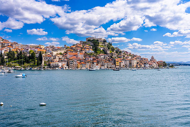 Sibenik, Croatia, 8 April 2025 - Distant coastal view on the old town of Sibenik