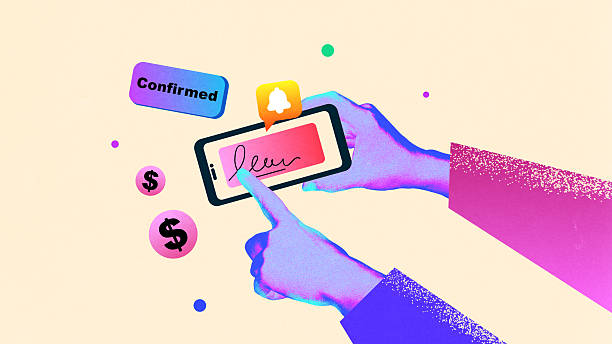 istock Creative digital artwork of finger signing mobile screen with confirmed message and dollar signs 2232002613