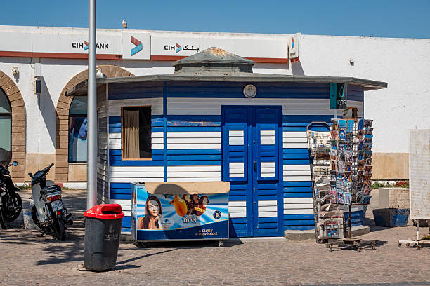 Tourist Kiosk in Essaouira, Morocco, with an advert visible in the centre.