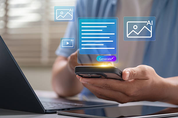 istock Generative AI content creation concept. person using smartphone to create digital content like text, images, and video with mobile device, reflecting future for marketing, tech presentation 2232009378