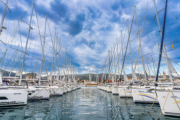 Trogir, Croatia, 3 April 2025 - Large amount of sailingboats waiting for the summer to be rented out