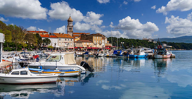 Krk, Croatia, 9 April 2025 - Restaurants in the harbour of Krk on the island of Krk